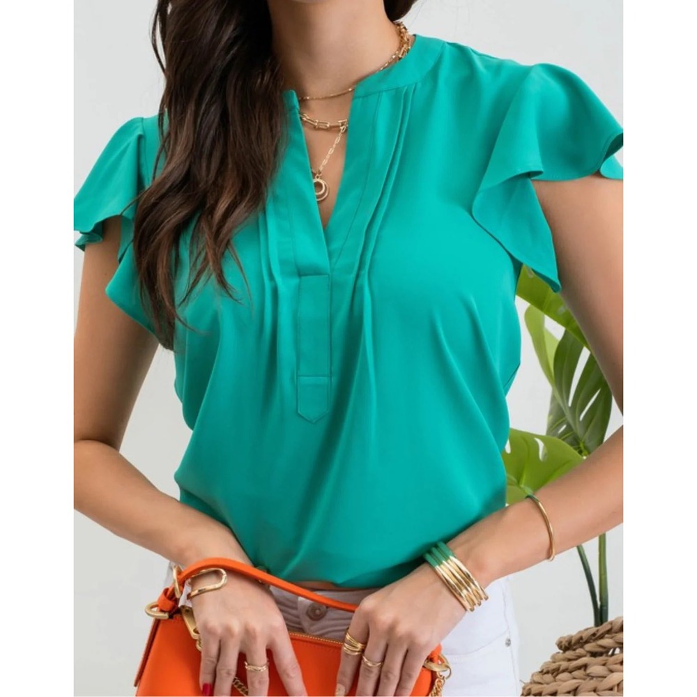 Perch by Blu Pepper Womens Teal Green V-Neck Pleated Flutter Sleeve Blouse 1X